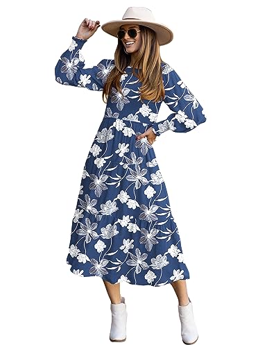 YESNO Women Casual Maxi Dresses Long Sleeve Boho Smocked Elastic Waist Flowy Tiered Dress with Pockets L E05TYP2 CR19