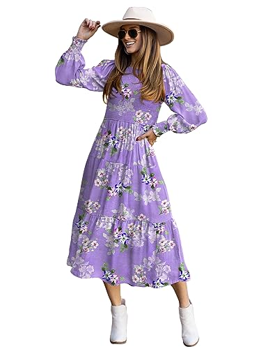 YESNO Women Casual Maxi Dresses Long Sleeve Boho Smocked Elastic Waist Flowy Tiered Dress with Pockets L E05TYP2 CR19