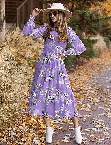 YESNO Women Casual Maxi Dresses Long Sleeve Boho Smocked Elastic Waist Flowy Tiered Dress with Pockets L E05TYP2 CR19