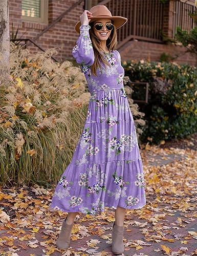 YESNO Women Casual Maxi Dresses Long Sleeve Boho Smocked Elastic Waist Flowy Tiered Dress with Pockets L E05TYP2 CR19