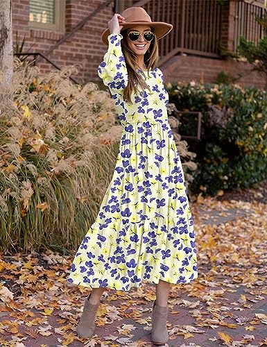 YESNO Women Casual Maxi Dresses Long Sleeve Boho Smocked Elastic Waist Flowy Tiered Dress with Pockets L E05TYP2 CR19