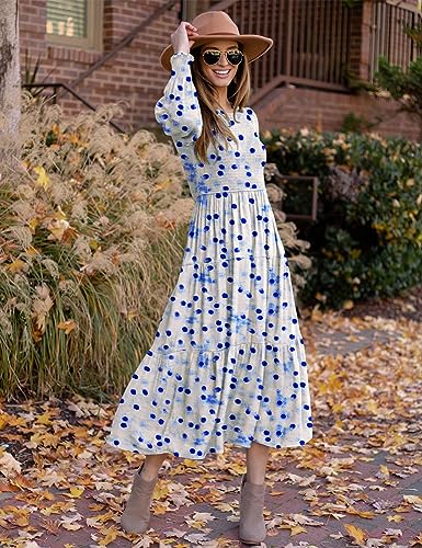 YESNO Women Casual Maxi Dresses Long Sleeve Boho Smocked Elastic Waist Flowy Tiered Dress with Pockets L E05TYP2 CR19