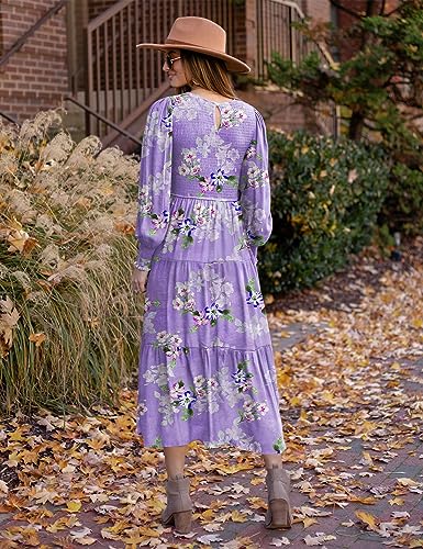 YESNO Women Casual Maxi Dresses Long Sleeve Boho Smocked Elastic Waist Flowy Tiered Dress with Pockets L E05TYP2 CR19