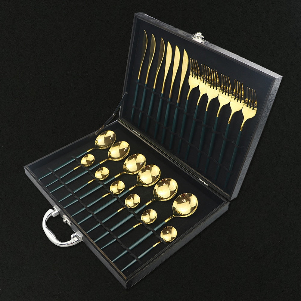 24Pcs Colorful Dinnerware Set Stainless Steel Cutlery Set Kitchen Mirror Gold Tableware Set Knife Fork Spoon Dinner Set