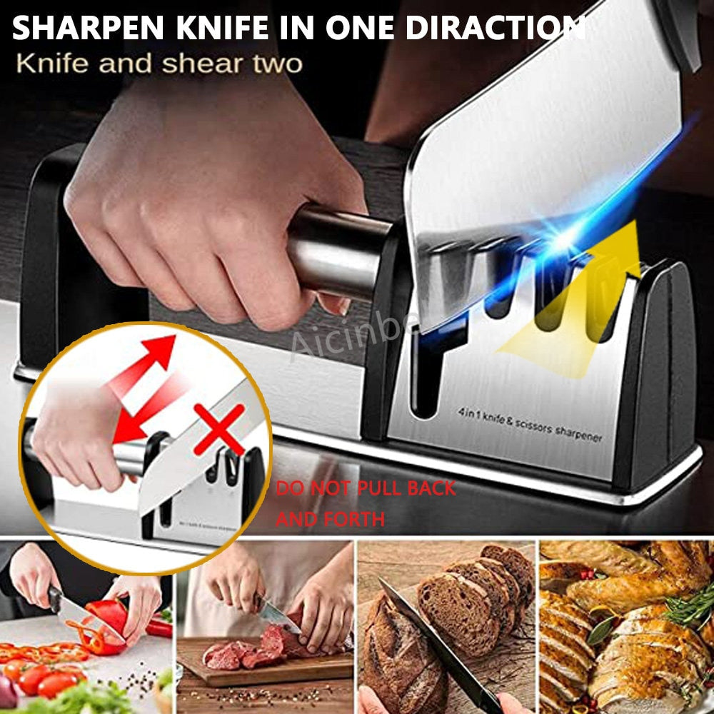 Manual Knife Sharpeners 4 in 1 Kitchen Blade and Scissors Sharpening Tool Powerful Professional Chef's Kitchen Knife Accessories