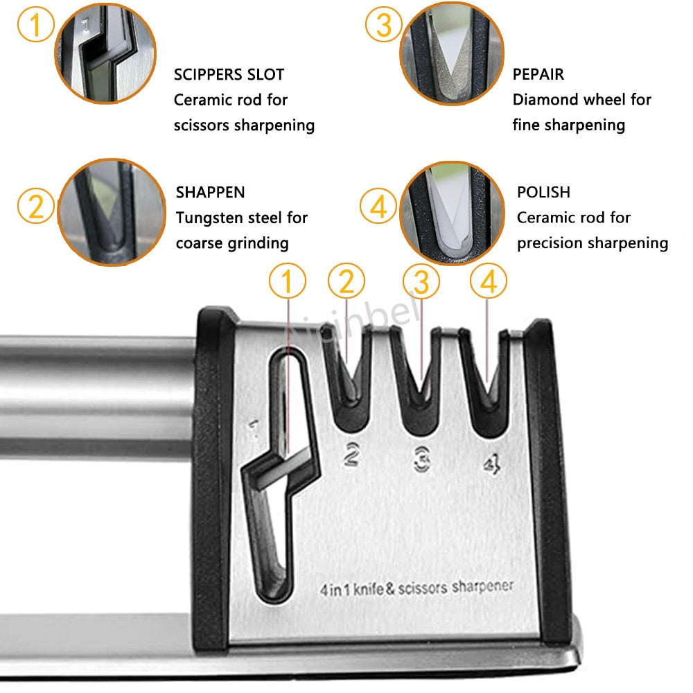 Manual Knife Sharpeners 4 in 1 Kitchen Blade and Scissors Sharpening Tool Powerful Professional Chef's Kitchen Knife Accessories