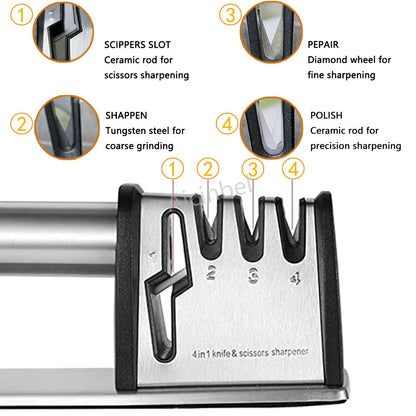 Manual Knife Sharpeners 4 in 1 Kitchen Blade and Scissors Sharpening Tool Powerful Professional Chef's Kitchen Knife Accessories