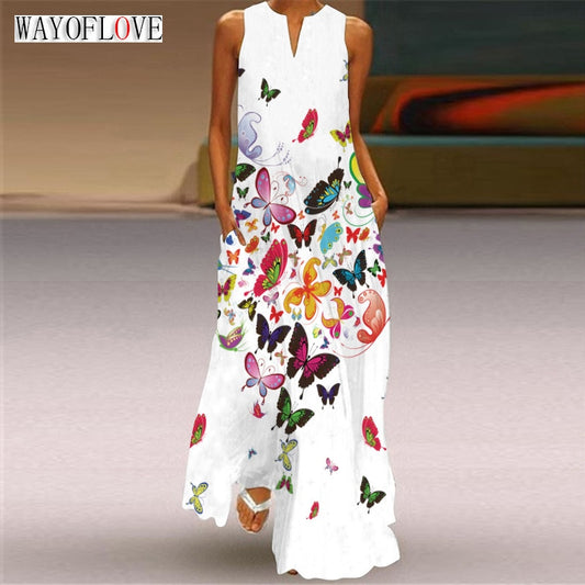 WAYOFLOVE Lady Spring Summer Long Dress White Sleeveless Butterfly Print Elegant Dresses For Women 2023 Casual Beach Women Dress