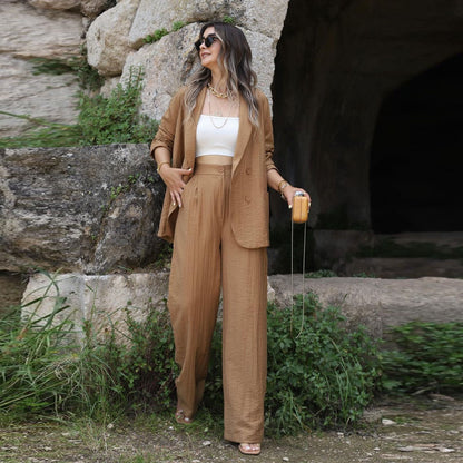 Autumn 2023 New European and American Foreign  Cross-border Women Fashion Long-sleeved Shirt Suit Jacket Straight Trousers Suit