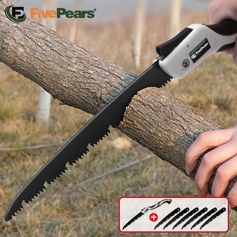 FivePears Foldable Camping Tourist Saw,Hand Manual Folding Camping Saw,Alloy Steel Ptfe Coated,Anti-Slip Grip,For Tree Pruning