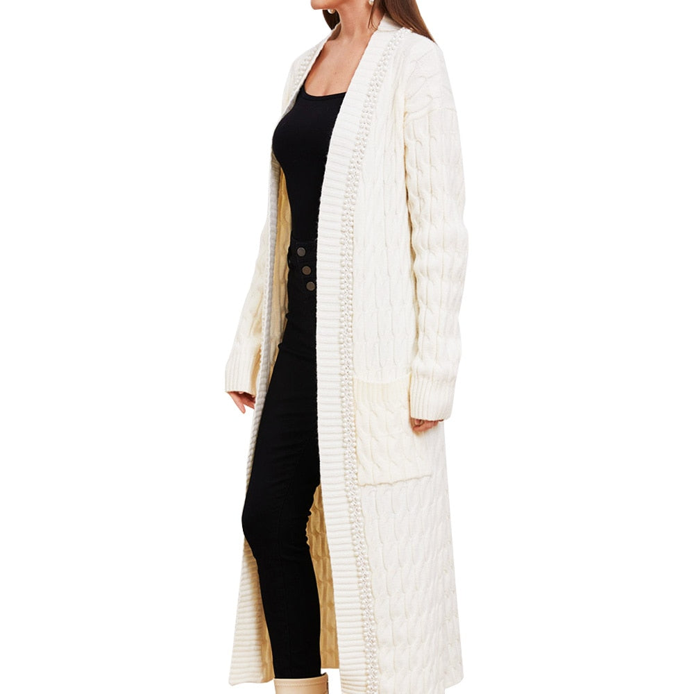 Amandina Luxe Pearl Trimmed Casual Loose Fit Lounge Wear Long Maxi Knit Women Cardigan