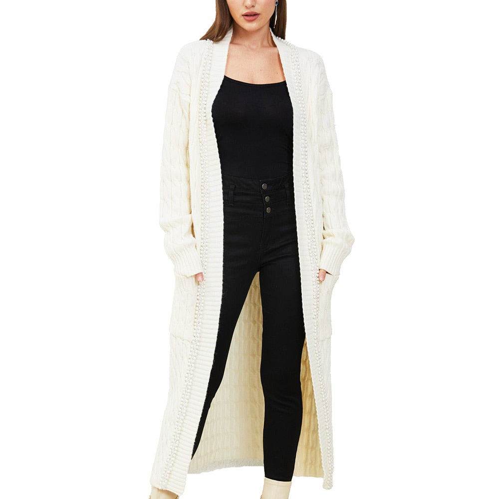 Amandina Luxe Pearl Trimmed Casual Loose Fit Lounge Wear Long Maxi Knit Women Cardigan