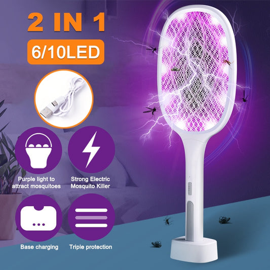 3000V Electric Fly Racket USB Rechargeable with Charging Base Mosquito Bug Zapper Fly Swatter Killer with UV Light for Bedroom