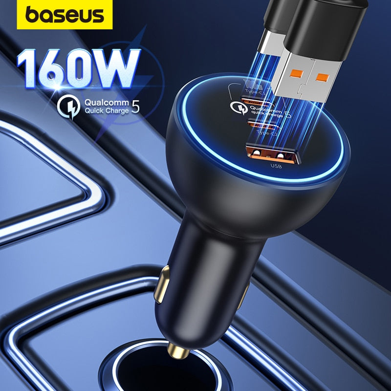 Baseus 160W Car Charger QC 5.0 Fast Quick Charging PPS PD3.0 USB Type C Car Phone Charge For iPhone 14 13 12 Pro Laptops Tablets