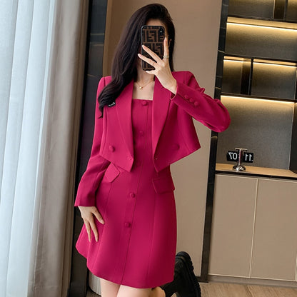 Coffee short suit jacket women's Spring and Autumn 2023 new suit dress with suspenders two-piece suit high sense.