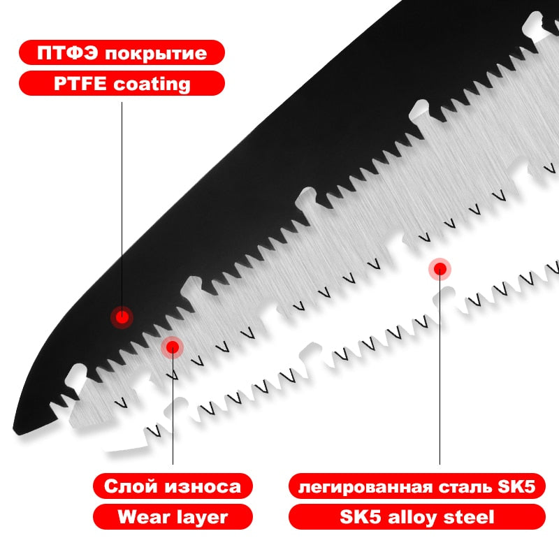 FivePears Foldable Camping Tourist Saw,Hand Manual Folding Camping Saw,Alloy Steel Ptfe Coated,Anti-Slip Grip,For Tree Pruning