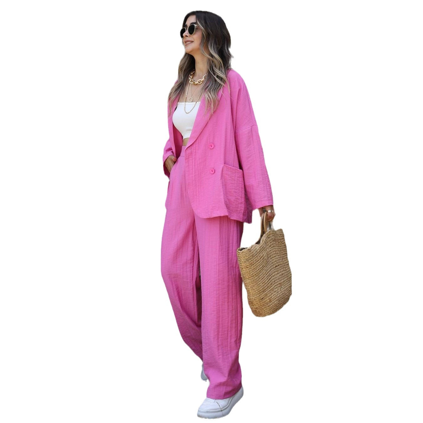 Autumn 2023 New European and American Foreign  Cross-border Women Fashion Long-sleeved Shirt Suit Jacket Straight Trousers Suit