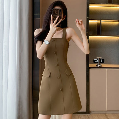 Coffee short suit jacket women's Spring and Autumn 2023 new suit dress with suspenders two-piece suit high sense.