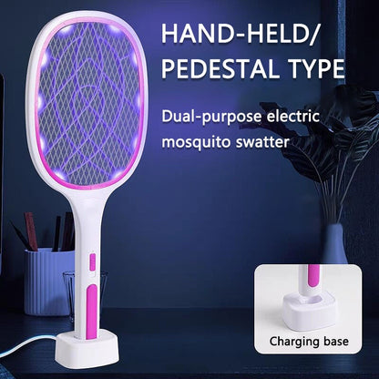 3000V Electric Fly Racket USB Rechargeable with Charging Base Mosquito Bug Zapper Fly Swatter Killer with UV Light for Bedroom