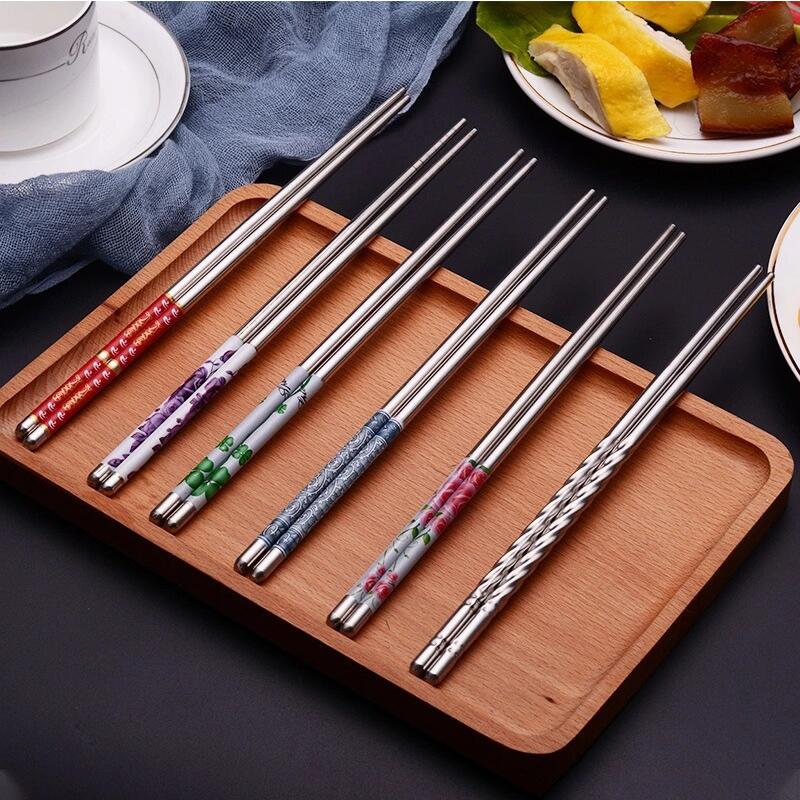 Stainless Steel Chopsticks Portable Non-slip Food Sticks Tableware Porcelain Patters Chinese Chopsticks Tableware Kitchen Tools