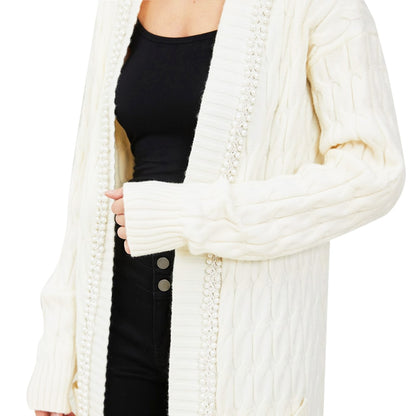 Amandina Luxe Pearl Trimmed Casual Loose Fit Lounge Wear Long Maxi Knit Women Cardigan