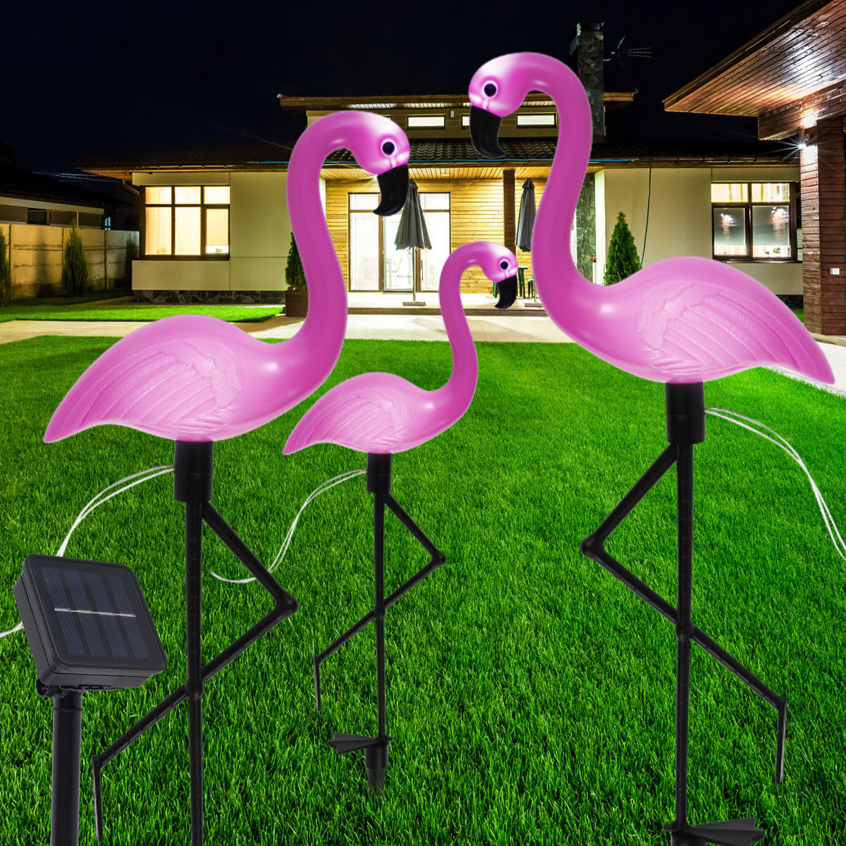 3PCS Flamingo Solar Light Waterproof LED Pink Flamingo Stake Light Landscape Ground Lamp for Outdoor Pathway Xmas Garden Decor