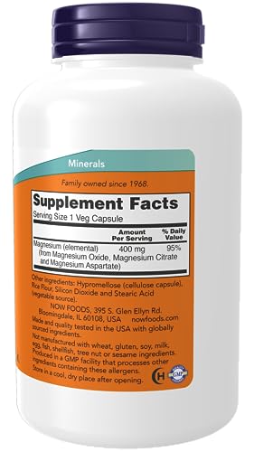 NOW Supplements, Magnesium 400 mg, Enzyme Function*, Nervous System Support*, 180 Veg Capsules