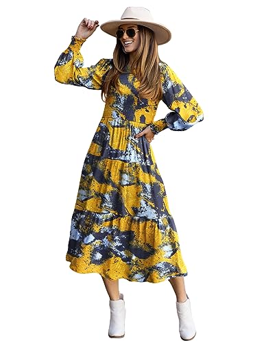 YESNO Women Casual Maxi Dresses Long Sleeve Boho Smocked Elastic Waist Flowy Tiered Dress with Pockets L E05TYP2 CR19