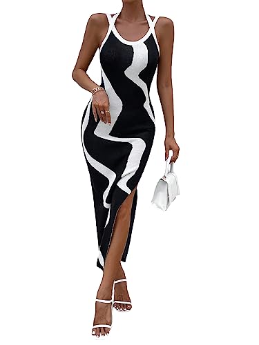 GORGLITTER Women's Colorblock Split Thigh Sweater Dress Sleeveless Scoop Neck Tie Back Midi Dress Black and White Medium