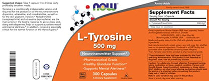 Now Foods L-Tyrosine 500mg, 300 Capsules - Non GMO - Supports Mental Alertness - 500 mg Caps - Free Form Supplement