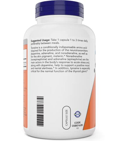 Now Foods L-Tyrosine 500mg, 300 Capsules - Non GMO - Supports Mental Alertness - 500 mg Caps - Free Form Supplement