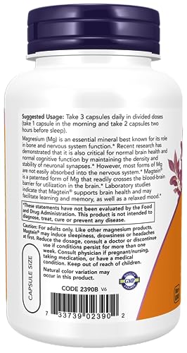 NOW Supplements, Magtein™ with patented form of Magnesium (Mg), Cognitive Support*, 90 Veg Capsules