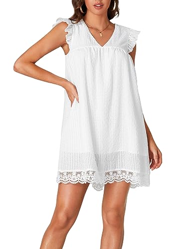 LYANER Women’s Elegant Eyelet V Neck Ruffle Sleeve Babydoll A Line Mini Dress White Medium