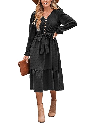 CUPSHE Women's V Neck Button Dot Long Ruffled Sleeve Belted Midi Dress Casual Flounce Hem A Line Long Knit Dress Black