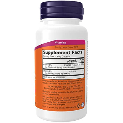 NOW Supplements, Vitamin D-3 & K-2, 1,000 IU/45 mcg, Plus Cardiovascular Support*, Supports Bone Health*, 120 Veg Capsules