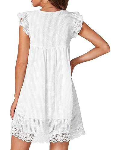 LYANER Women’s Elegant Eyelet V Neck Ruffle Sleeve Babydoll A Line Mini Dress White Medium