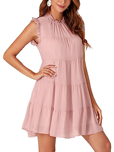 LYANER Women's Summer Ruffle Sleeve Round Neck Loose Fit Pleated Swing Mini Dress Pink Small