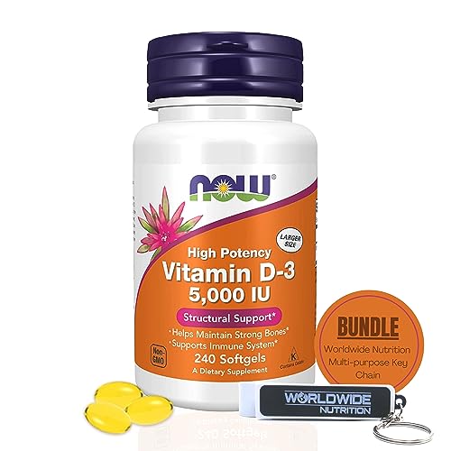 Now Supplements Vitamin D3 5000 IU Softgels - Now Vitamin D3 High Potency Formula for Structural Support - Vitamin D Supplements 240 Count D3 Vitamin, Organic Vitamin D3 5000 IU Softgels & keychain