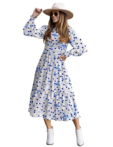 YESNO Women Casual Maxi Dresses Long Sleeve Boho Smocked Elastic Waist Flowy Tiered Dress with Pockets L E05TYP2 CR19