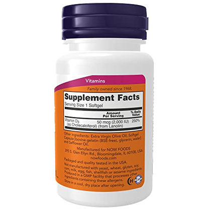 NOW Supplements, Vitamin D-3 2,000 IU, High Potency, Structural Support*, 240 Softgels