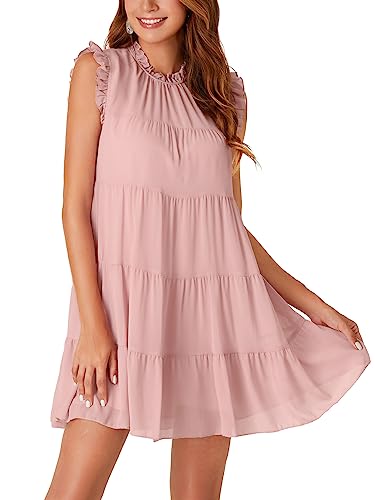 LYANER Women's Summer Ruffle Sleeve Round Neck Loose Fit Pleated Swing Mini Dress Pink Small