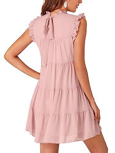 LYANER Women's Summer Ruffle Sleeve Round Neck Loose Fit Pleated Swing Mini Dress Pink Small