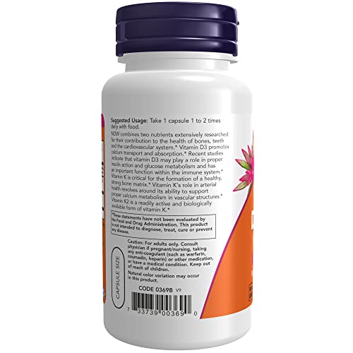 NOW Supplements, Vitamin D-3 & K-2, 1,000 IU/45 mcg, Plus Cardiovascular Support*, Supports Bone Health*, 120 Veg Capsules