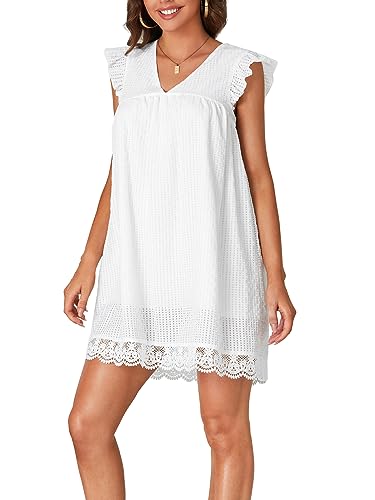 LYANER Women’s Elegant Eyelet V Neck Ruffle Sleeve Babydoll A Line Mini Dress White Medium