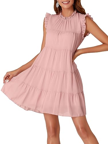 LYANER Women's Summer Ruffle Sleeve Round Neck Loose Fit Pleated Swing Mini Dress Pink Small