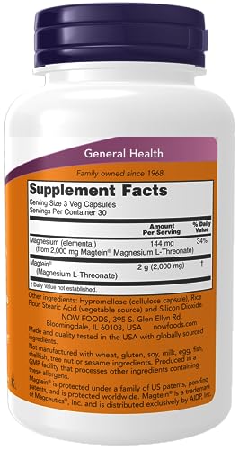 NOW Supplements, Magtein™ with patented form of Magnesium (Mg), Cognitive Support*, 90 Veg Capsules