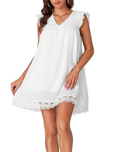 LYANER Women’s Elegant Eyelet V Neck Ruffle Sleeve Babydoll A Line Mini Dress White Medium