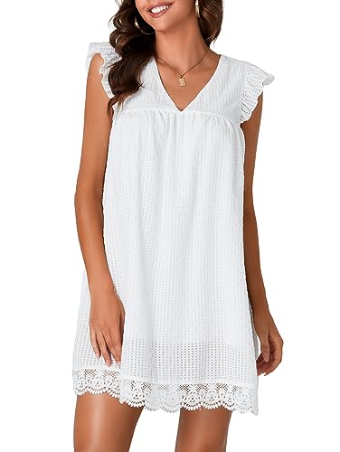 LYANER Women’s Elegant Eyelet V Neck Ruffle Sleeve Babydoll A Line Mini Dress White Medium