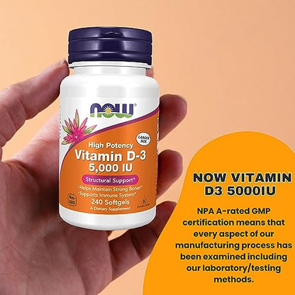 Now Supplements Vitamin D3 5000 IU Softgels - Now Vitamin D3 High Potency Formula for Structural Support - Vitamin D Supplements 240 Count D3 Vitamin, Organic Vitamin D3 5000 IU Softgels & keychain