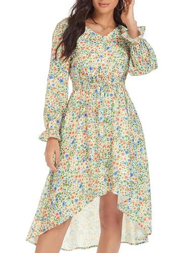 Women's Floral Midi Dress Elastic Waist V Neck Lantern Sleeve Kimono Maxi Dresses with Pocket Green XL